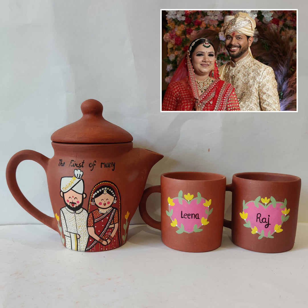 Handpainted Clay Teaset With Photo Based Caricature For Couples