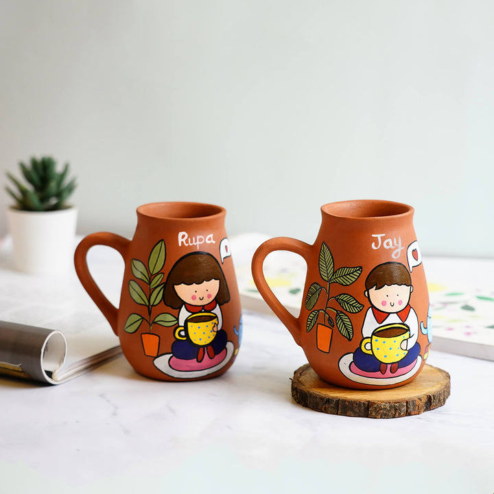 Handpainted Terracotta Mug With Tea / Coffee Lovers Avatar Illustrations