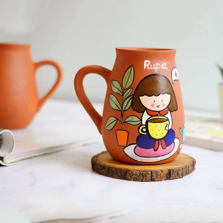 Handpainted Terracotta Mug With Tea / Coffee Lovers Avatar Illustrations