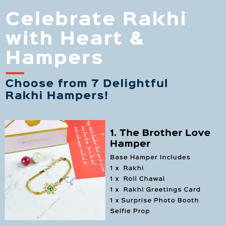 Green Turtle Pearl And Stone Bracelet Rakhi Hamper With Chocolates And Roli Chawal For Brother Customizable Options Includes Up To 7 Goodies - Hamper Description Text Slide