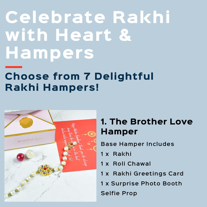Beaded Pearl And Stone Bracelet Rakhi Hamper With Chocolates And Roli Chawal For Brother Customizable Options Includes Up To 7 Goodies - Rakhi gift hamper promotional layout