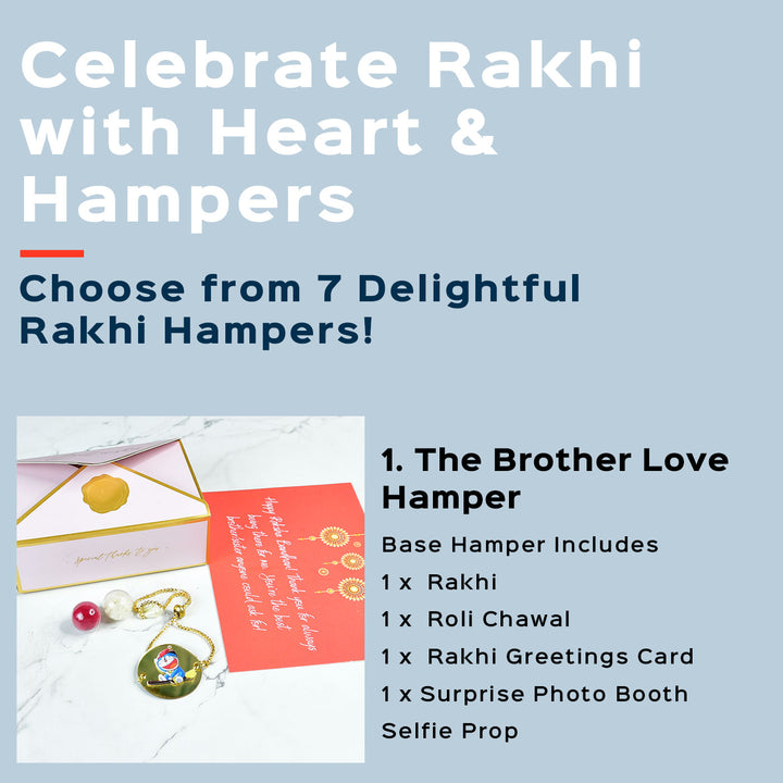 Doraemon Acrylic Bracelet Rakhi Hamper With Chocolates And Roli Chawal For Brother Customizable Options Includes Up To 7 Goodies - Product Bundle Description Page