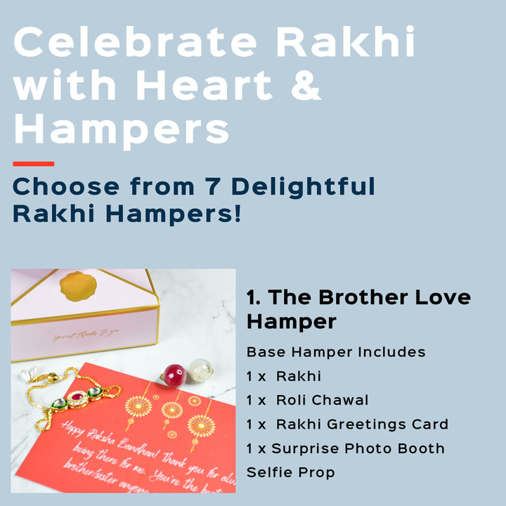 Beaded Red And Green Bracelet Rakhi Hamper With Chocolates And Roli Chawal For Brother Customizable Options Includes Up To 7 Goodies - Text description of hamper options