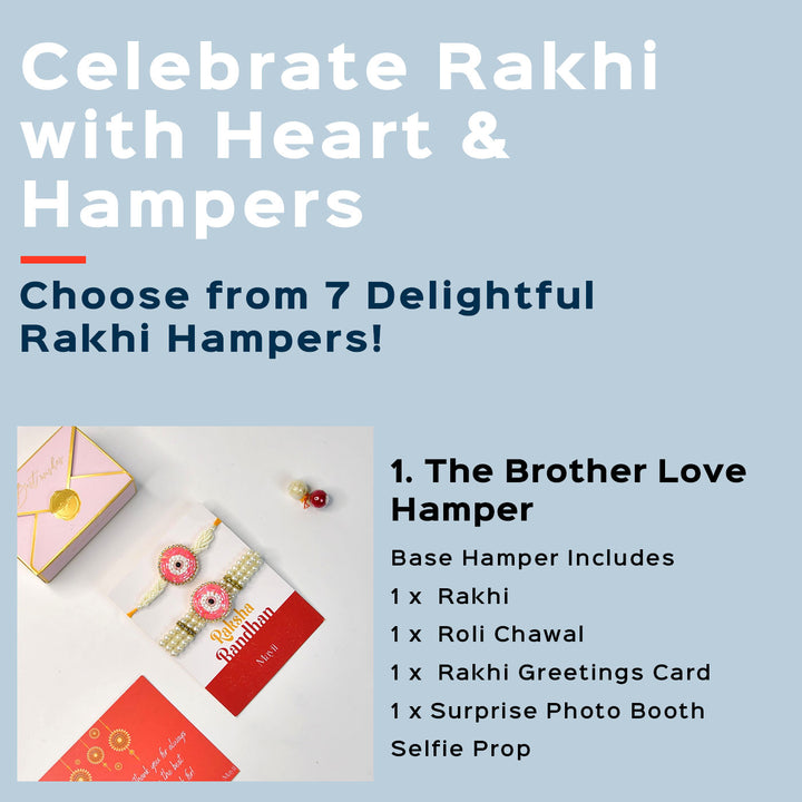 Beaded Pink Round Pearl And Stone Rakhi Hamper With Chocolates And Roli Chawal For Bhaiya And Bhabhi Customizable Options Includes Up To 7 Goodies - Graphic showing Rakhi Hampers types