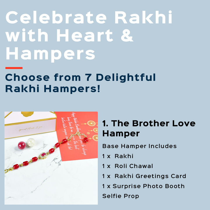 Beaded Red Pearl And Stone Bracelet Rakhi Hamper With Chocolates And Roli Chawal For Brother Customizable Options Includes Up To 7 Goodies - Rakhi hamper description overview