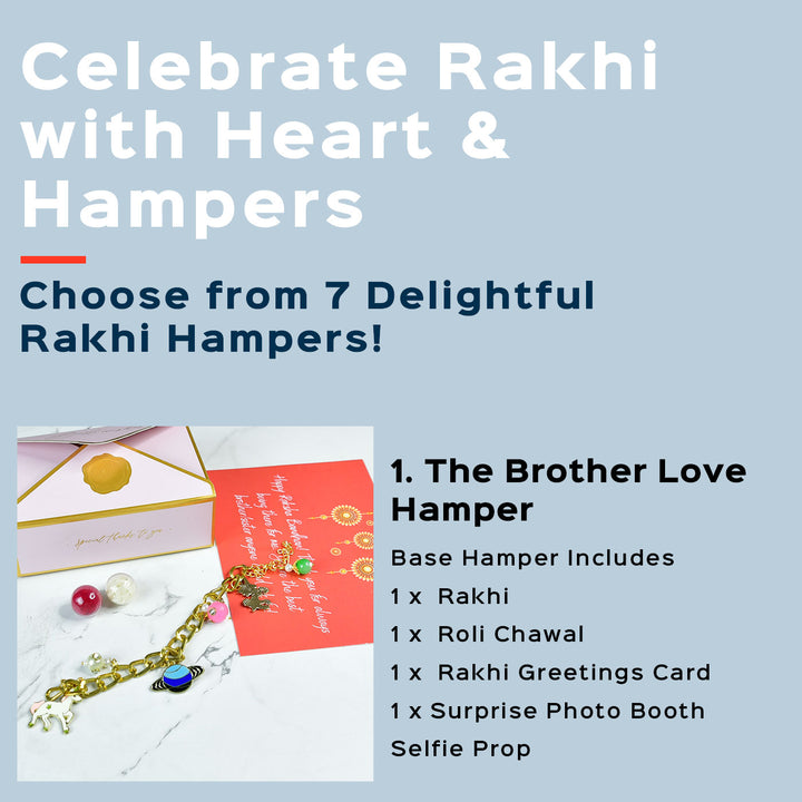 Beaded Fantasy And Space Adventure Metal Bracelet Rakhi Hamper With Chocolates And Roli Chawal For Brother Customizable Options Includes Up To 7 Goodies - Rakhi Hamper Description
