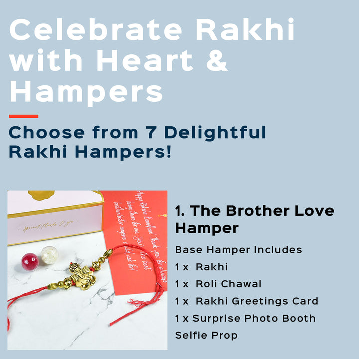 Beaded Golden Ganesha Rakhi With Chocolates And Roli Chawal For Brother Customizable Options Includes Up To 7 Goodies - Rakhi Hamper Options Overview