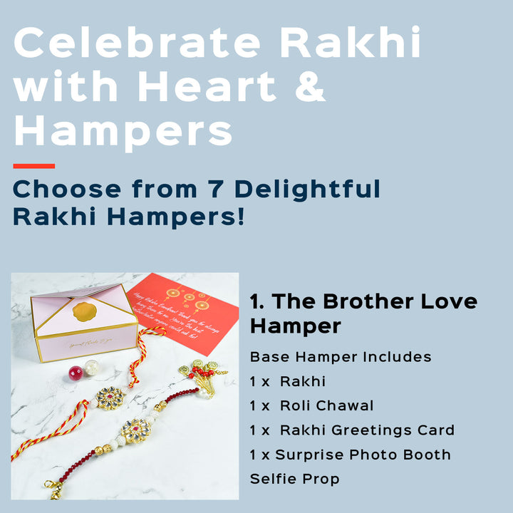 Beaded Floral Pearl And Stone Rakhi Hamper With Chocolates And Roli Chawal For Bhaiya And Bhabhi Customizable Options Includes Up To 7 Goodies - Rakhi hampers overview with text