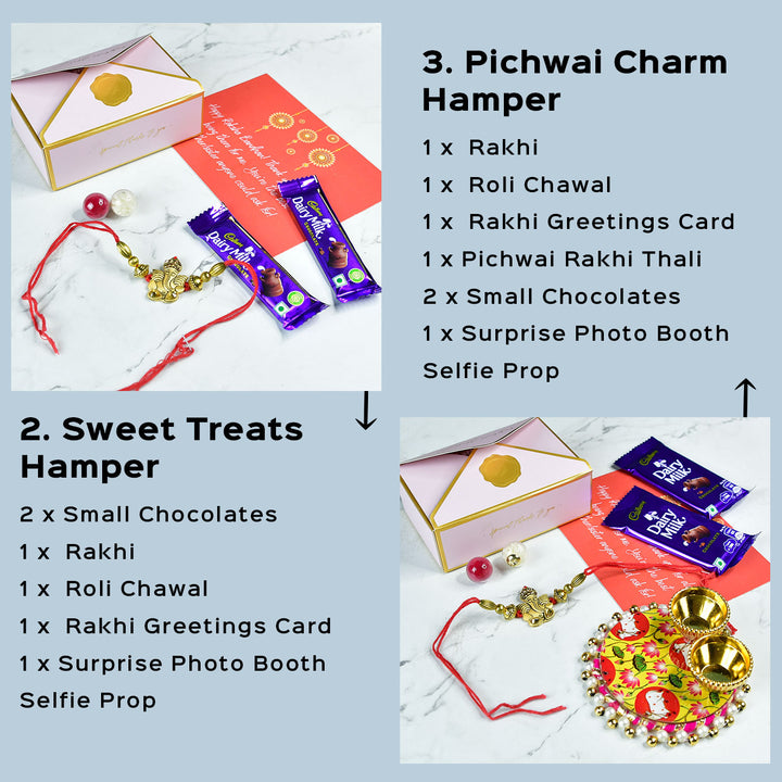 Beaded Golden Ganesha Rakhi With Chocolates And Roli Chawal For Brother Customizable Options Includes Up To 7 Goodies - Rakhi Hamper Details Page