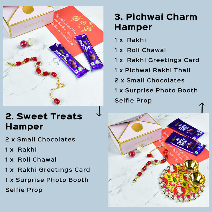 Beaded Red Pearl And Stone Bracelet Rakhi Hamper With Chocolates And Roli Chawal For Brother Customizable Options Includes Up To 7 Goodies - Rakhi hamper ingredients and details