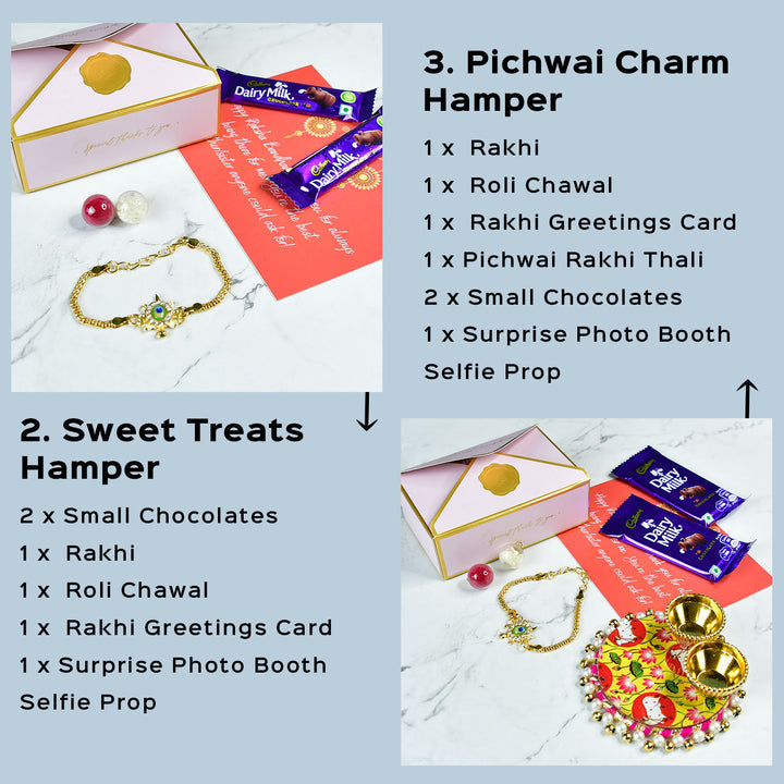 Green Turtle Pearl And Stone Bracelet Rakhi Hamper With Chocolates And Roli Chawal For Brother Customizable Options Includes Up To 7 Goodies - Hamper Options and Details