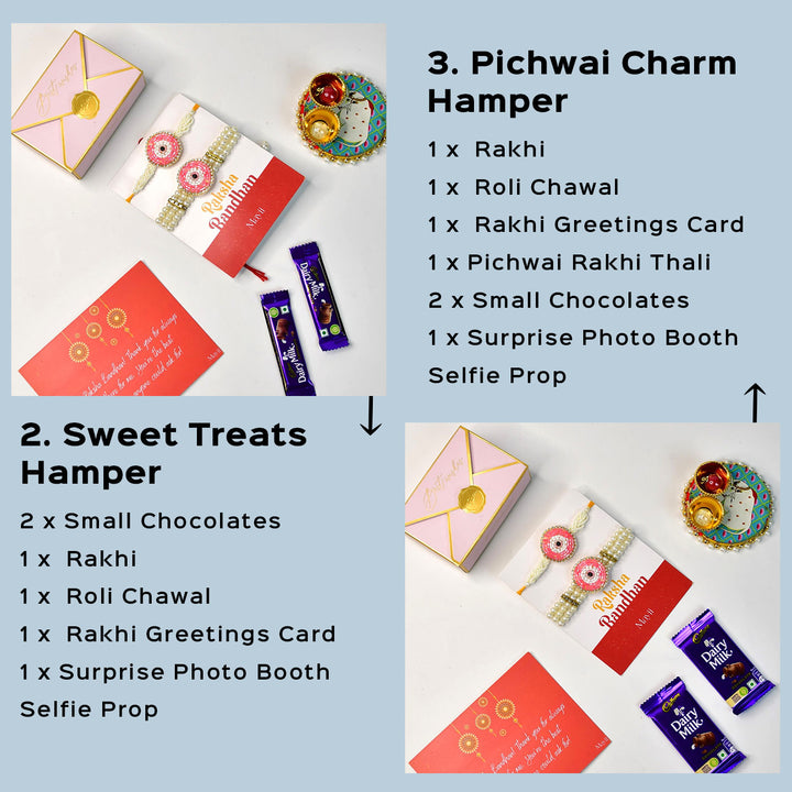 Beaded Pink Round Pearl And Stone Rakhi Hamper With Chocolates And Roli Chawal For Bhaiya And Bhabhi Customizable Options Includes Up To 7 Goodies - Graphic showing Rakhi Hampers types (5)