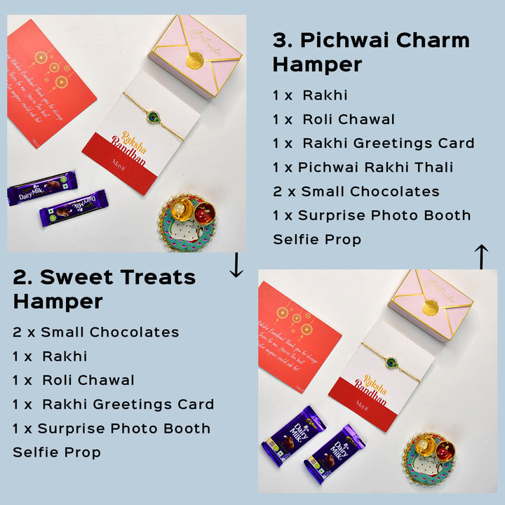 Beaded Peacock Pearl And Stone Bracelet Rakhi Hamper With Chocolates And Roli Chawal For Brother Customizable Options Includes Up To 7 Goodies - Rakhi hampers layout and description