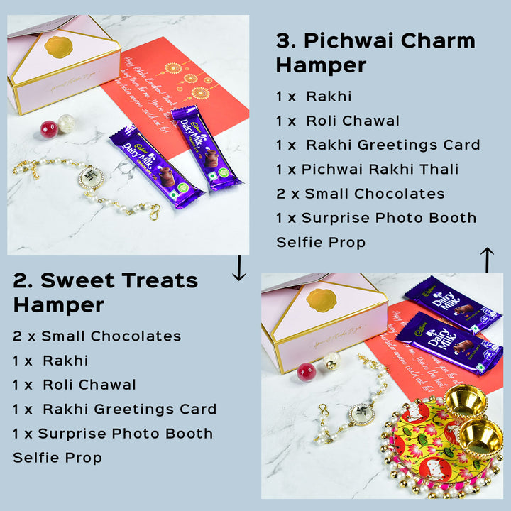 Beaded Swastik Bracelet Rakhi Hamper With Chocolates And Roli Chawal For Brother Customizable Options Includes Up To 7 Goodies - Hampers with chocolates and card