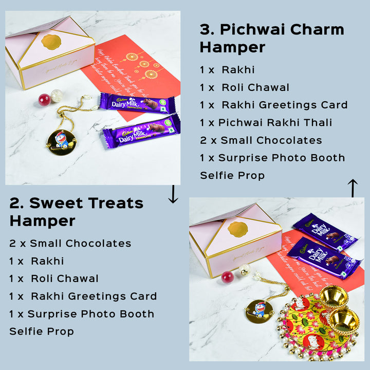 Doraemon Acrylic Bracelet Rakhi Hamper With Chocolates And Roli Chawal For Brother Customizable Options Includes Up To 7 Goodies - Product Bundle Description Page (6)