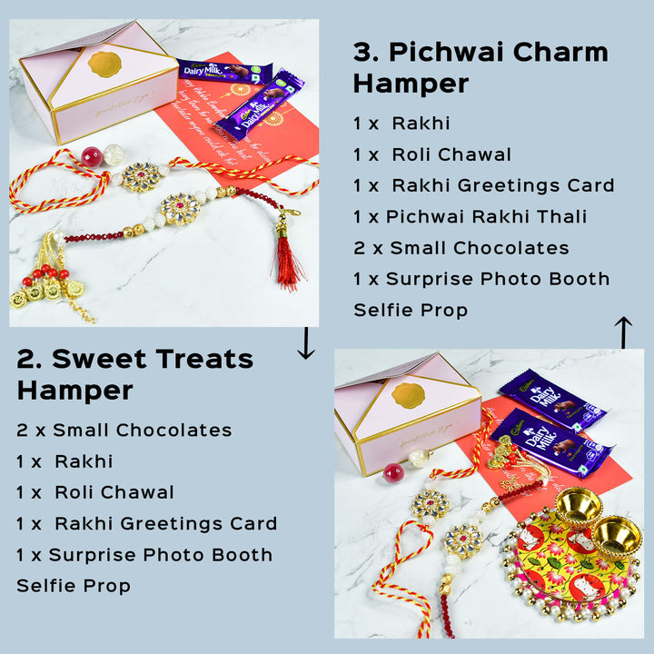 Beaded Floral Pearl And Stone Rakhi Hamper With Chocolates And Roli Chawal For Bhaiya And Bhabhi Customizable Options Includes Up To 7 Goodies - Rakhi hampers details with accessories