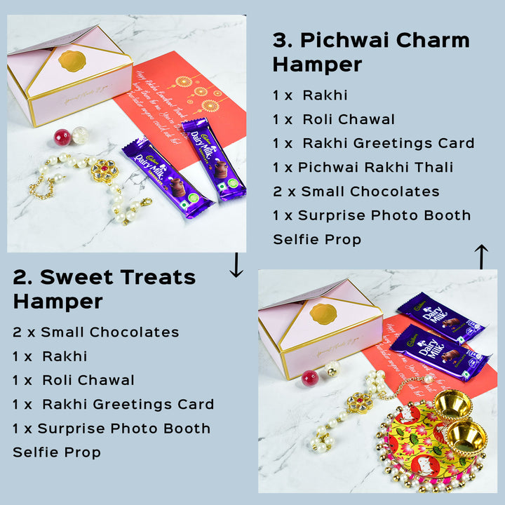Beaded Pearl And Stone Bracelet Rakhi Hamper With Chocolates And Roli Chawal For Brother Customizable Options Includes Up To 7 Goodies - Multiple Rakhi hamper contents displayed