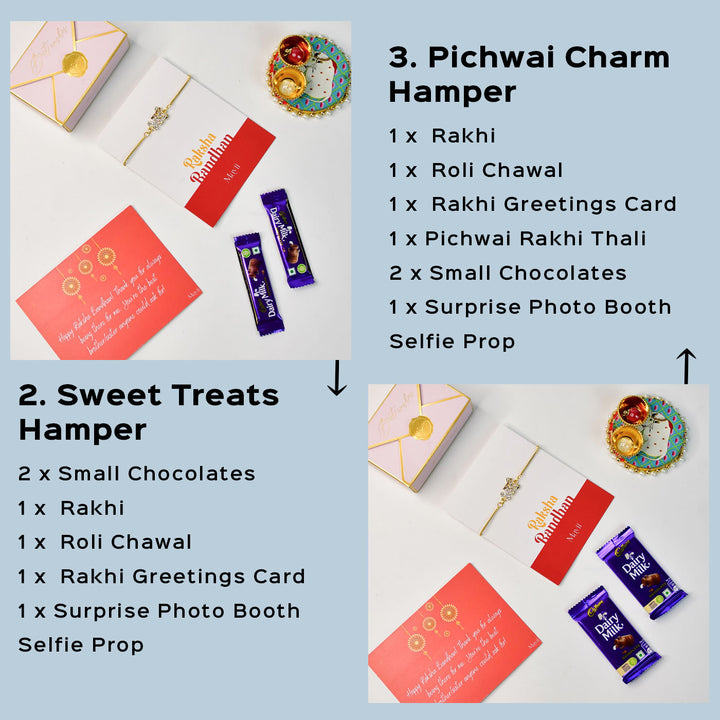 Beaded Bhai Pearl And Stone Bracelet Rakhi Hamper With Chocolates And Roli Chawal For Brother Customizable Options Includes Up To 7 Goodies - Detailed hamper descriptions with items