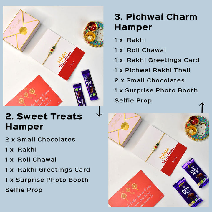 Beaded Red And Green Bracelet Rakhi Hamper With Chocolates And Roli Chawal For Brother Customizable Options Includes Up To 7 Goodies - Two hamper sets with chocolates and cards