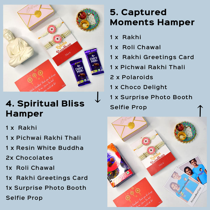 Beaded Pink Round Pearl And Stone Rakhi Hamper With Chocolates And Roli Chawal For Bhaiya And Bhabhi Customizable Options Includes Up To 7 Goodies - Graphic showing Rakhi Hampers types (6)