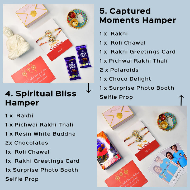 Beaded Floral Pearl And Stone Rakhi Hamper With Chocolates And Roli Chawal For Bhaiya And Bhabhi Customizable Options Includes Up To 7 Goodies - Rakhi hampers flat lay with products