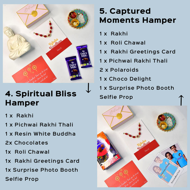 Beaded Red Pearl And Stone Bracelet Rakhi Hamper With Chocolates And Roli Chawal For Brother Customizable Options Includes Up To 7 Goodies - Complete hamper set components