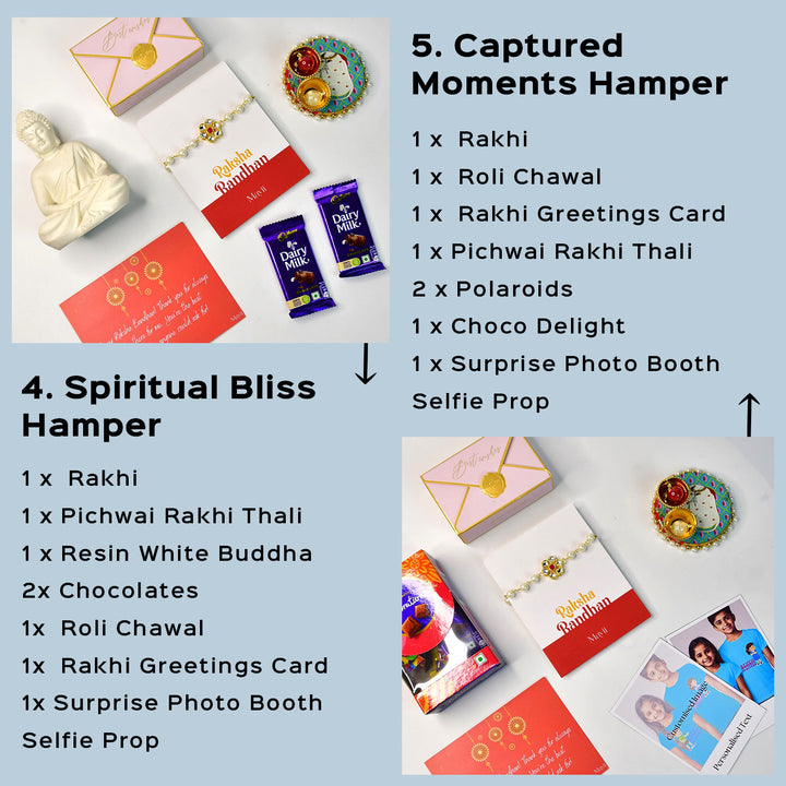 Beaded Pearl And Stone Bracelet Rakhi Hamper With Chocolates And Roli Chawal For Brother Customizable Options Includes Up To 7 Goodies - Complete Rakhi hamper set flat lay