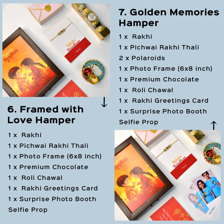 Beaded Red And Green Bracelet Rakhi Hamper With Chocolates And Roli Chawal For Brother Customizable Options Includes Up To 7 Goodies - Hamper set with photo frame and chocolates