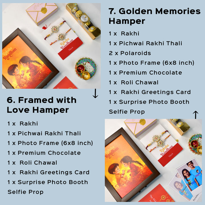 Beaded Floral Pearl And Stone Rakhi Hamper With Chocolates And Roli Chawal For Bhaiya And Bhabhi Customizable Options Includes Up To 7 Goodies - Rakhi hampers with photo frame set