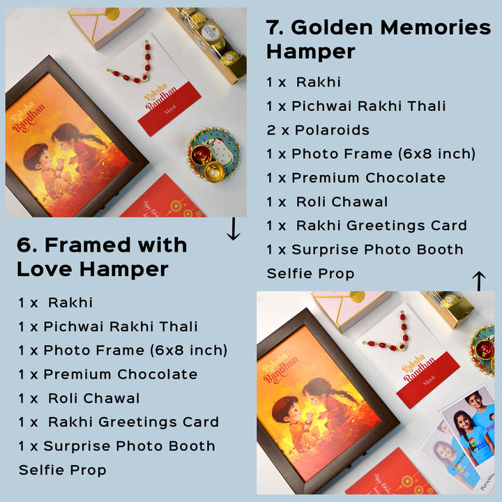 Beaded Red Pearl And Stone Bracelet Rakhi Hamper With Chocolates And Roli Chawal For Brother Customizable Options Includes Up To 7 Goodies - Expanded hamper with photo frame and goodies