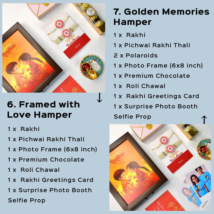 Beaded Pink Round Pearl And Stone Rakhi Hamper With Chocolates And Roli Chawal For Bhaiya And Bhabhi Customizable Options Includes Up To 7 Goodies - Graphic showing Rakhi Hampers types (7)