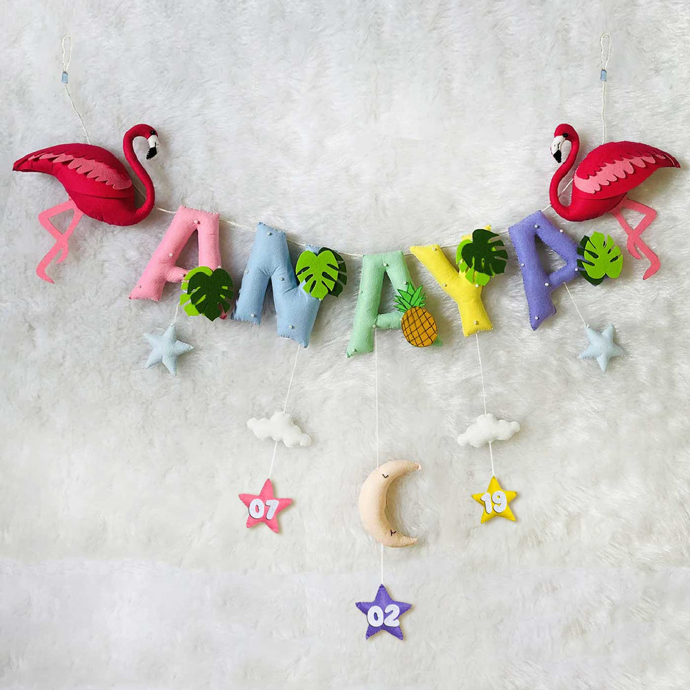 Handcrafted Personalized Flamingo Themed Bunting For Kids - Front View Hanging Name Garland