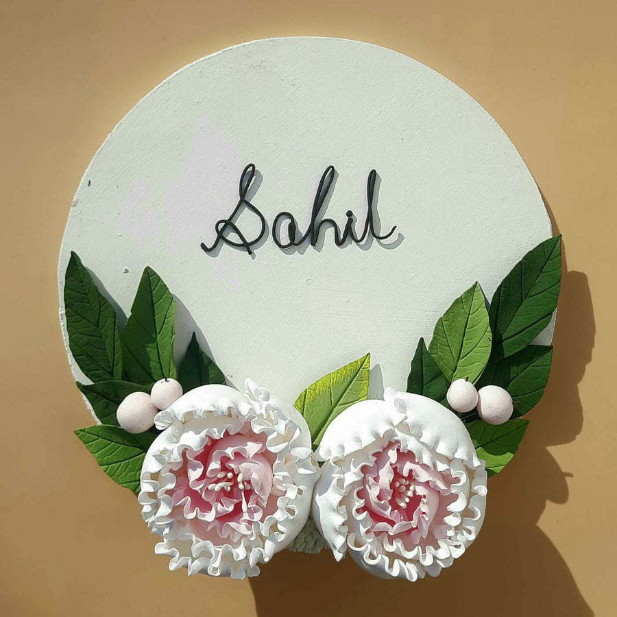 Personalized Round Floral Peony Theme Deco Clay Name Plate - Front View with Name Personalization