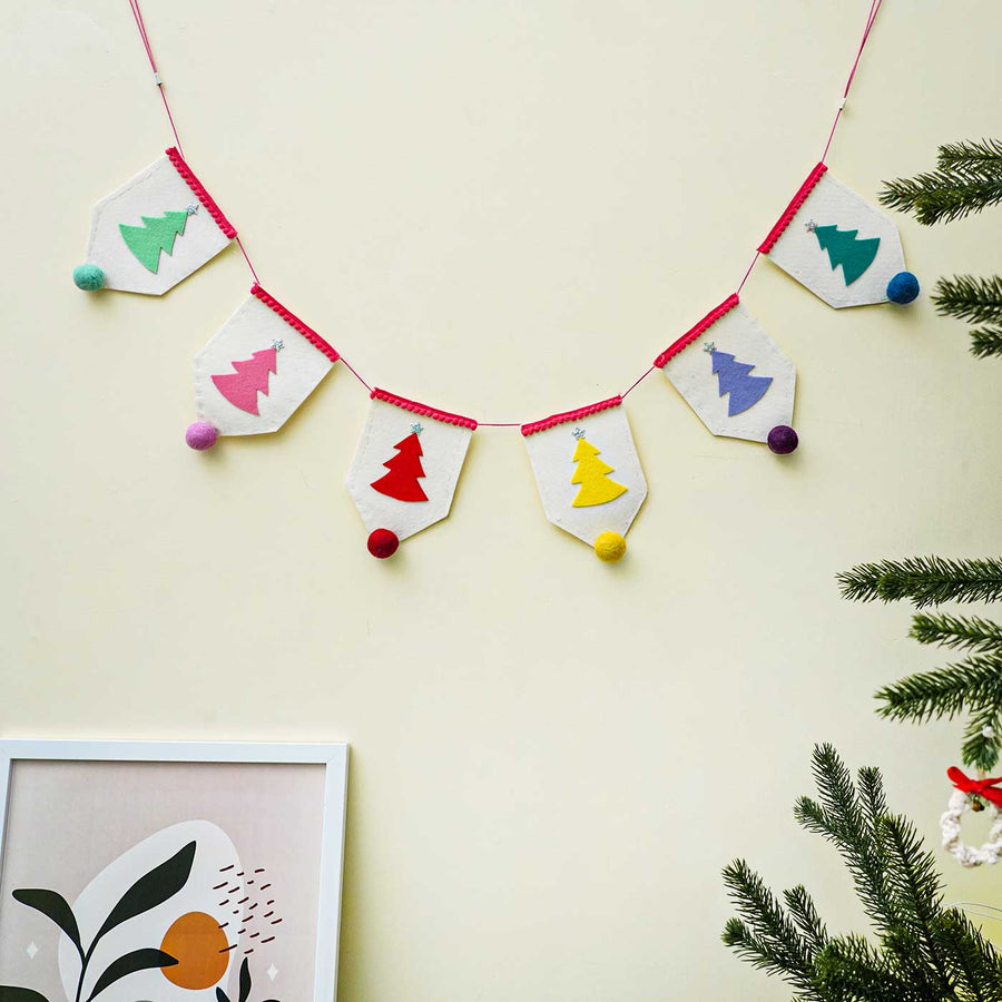 Handmade Multicolour Tree Felt Garland Bunting For Christmas Decoration - Hanging Garland Displayed on Wall