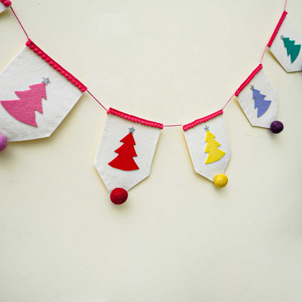 Handmade Multicolour Tree Felt Garland Bunting For Christmas Decoration - Diagonal Hanging Garland Close-up