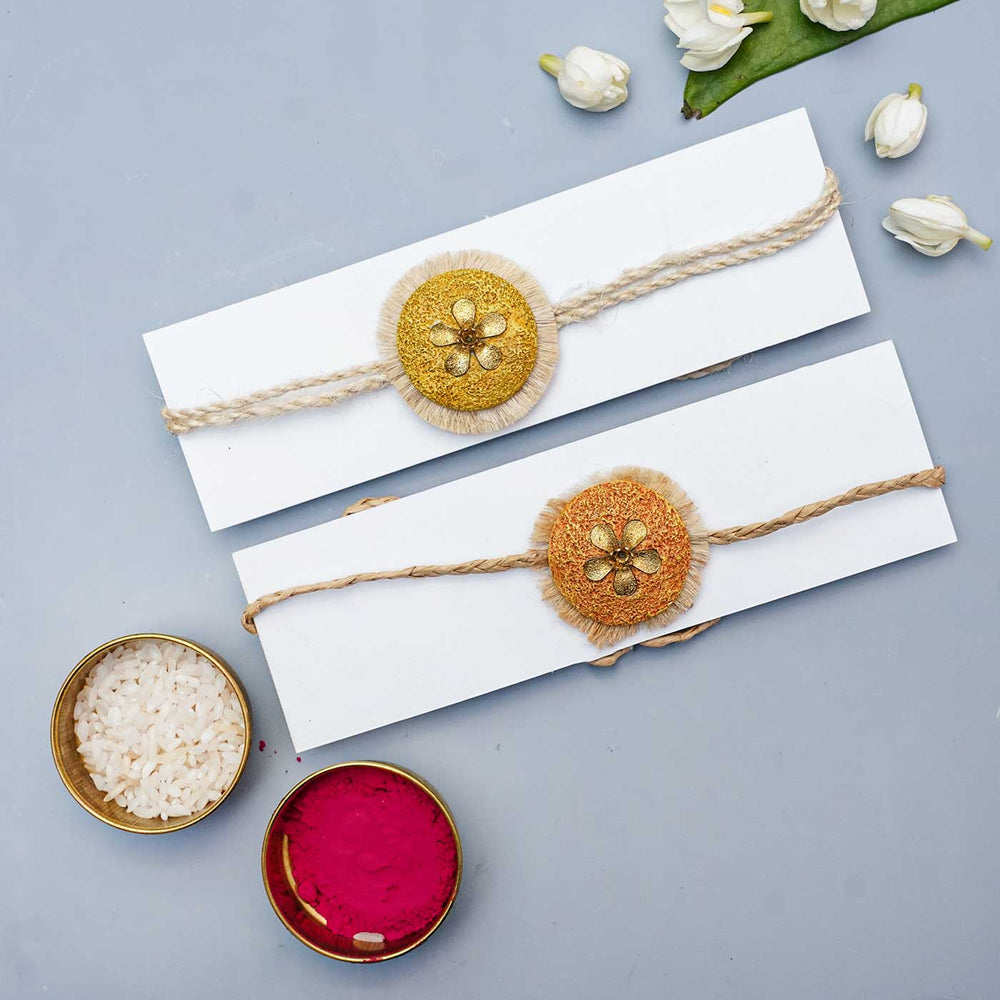 Handmade Papier Mache Antic Floral Rakhi With Roli Chawal Set Of 2 - Bracelets in gift packaging