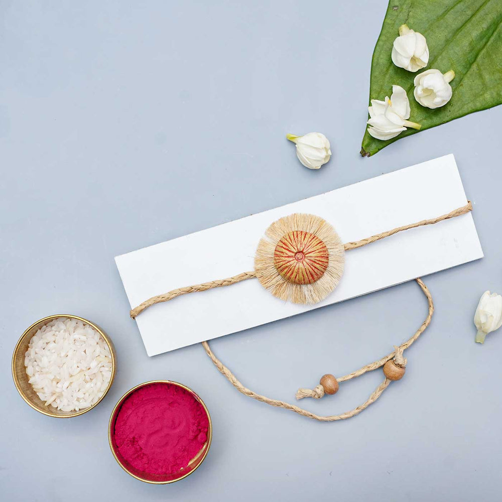 Handmade Papier Mache Rustic Floral Rakhi With Roli Chawal - Rakhi on decorative card