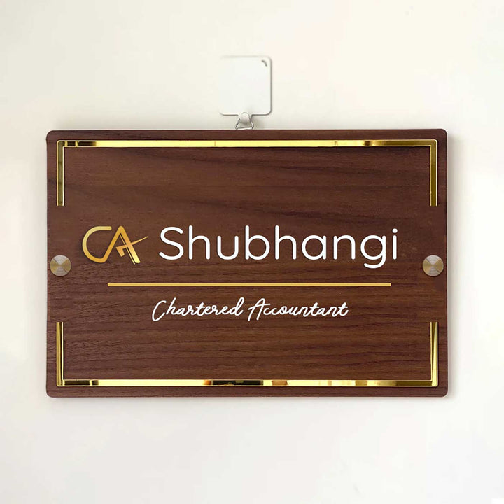 Personalised Krishna Wooden Name Plate For Chartered Accountant - Front View Hanging on Wall