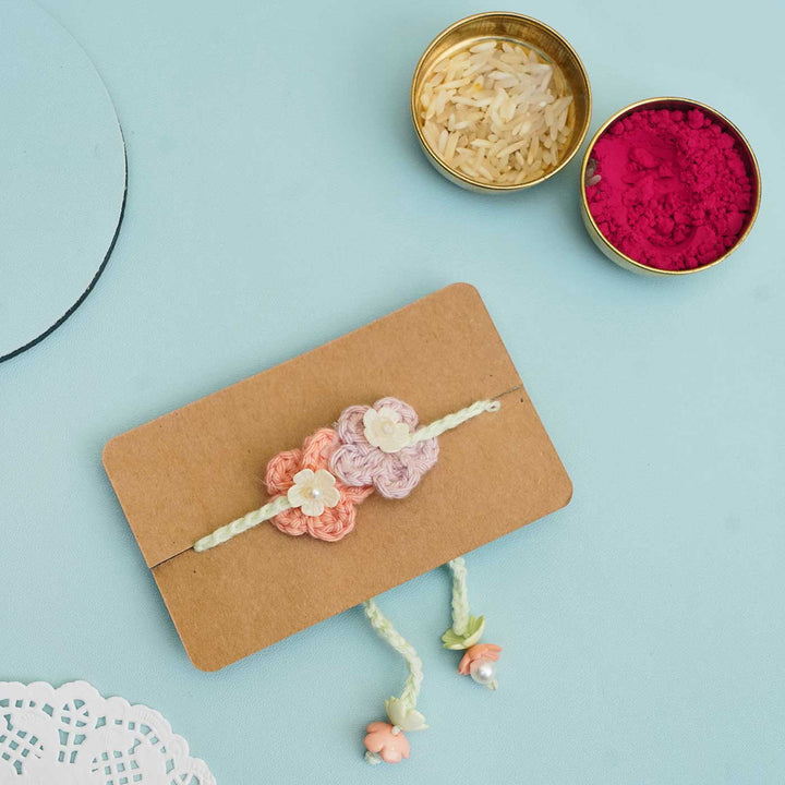 Handmade Crochet Forever Flowers Kids Rakhi With Roli Chawal - Packaged on Card with Small Containers (3)
