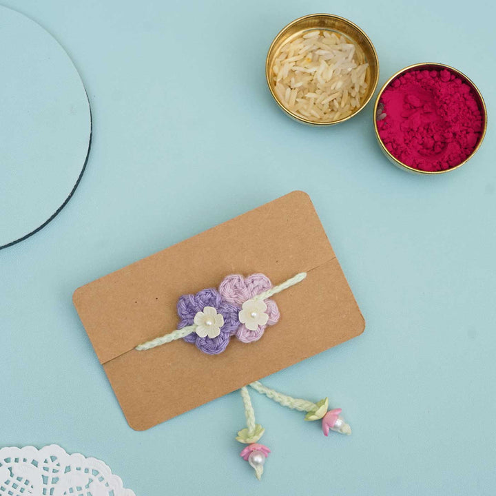 Handmade Crochet Forever Flowers Kids Rakhi With Roli Chawal - Packaged on Card with Small Containers