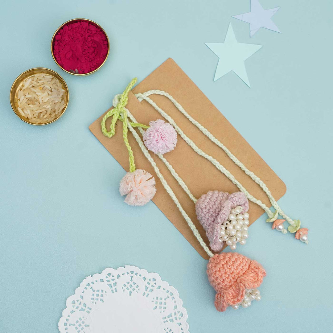 Handmade Crochet Forever Flowers Kids Rakhi With Roli Chawal - Packaged on Card with Small Containers (7)