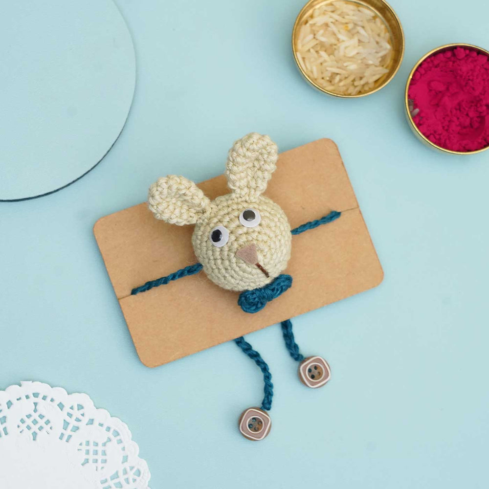 Handmade Crochet Hunny Bunny Kids Rakhi With Roli Chawal - Packaged with Ritual Items Display