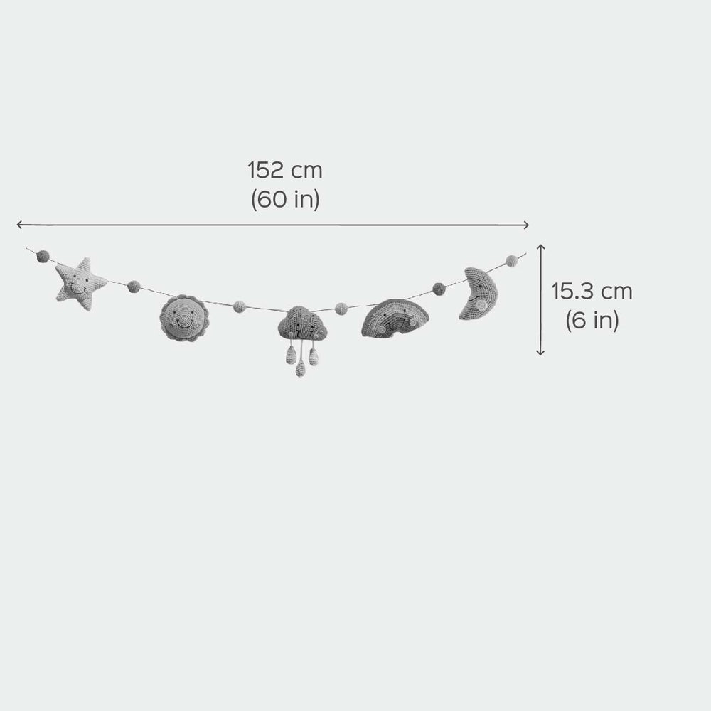 Handmade Crochet Rainbow Star And Cloud Bunting - Dimension Chart with Product Layout