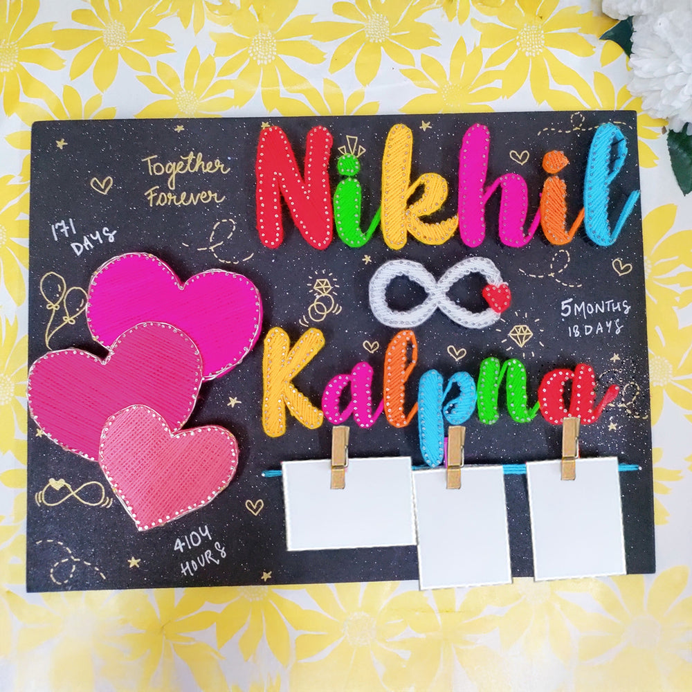 Personalized String Art Heartstrings Mdf Wood Name Plate For Couples - Top View Showing Personalization Details