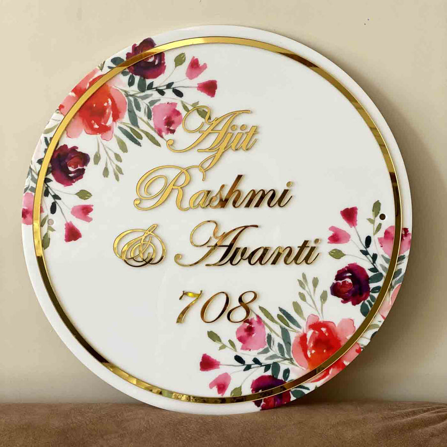 Personalised Printed Floral Round Acrylic Nameplate - Front View with Name Personalization