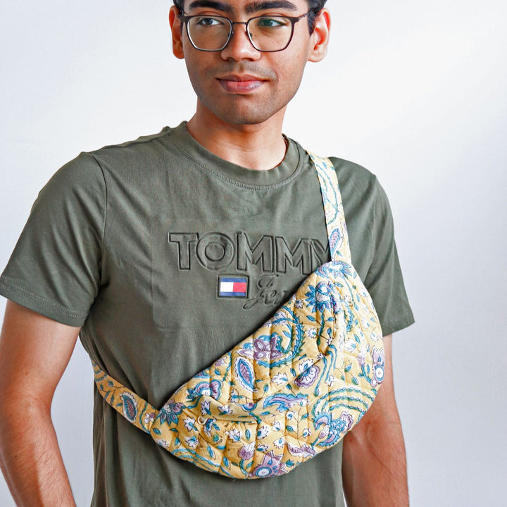 Handmade Block Printed Boho Theme Cotton Belt Bag | 12.5 x 6.3 Inch