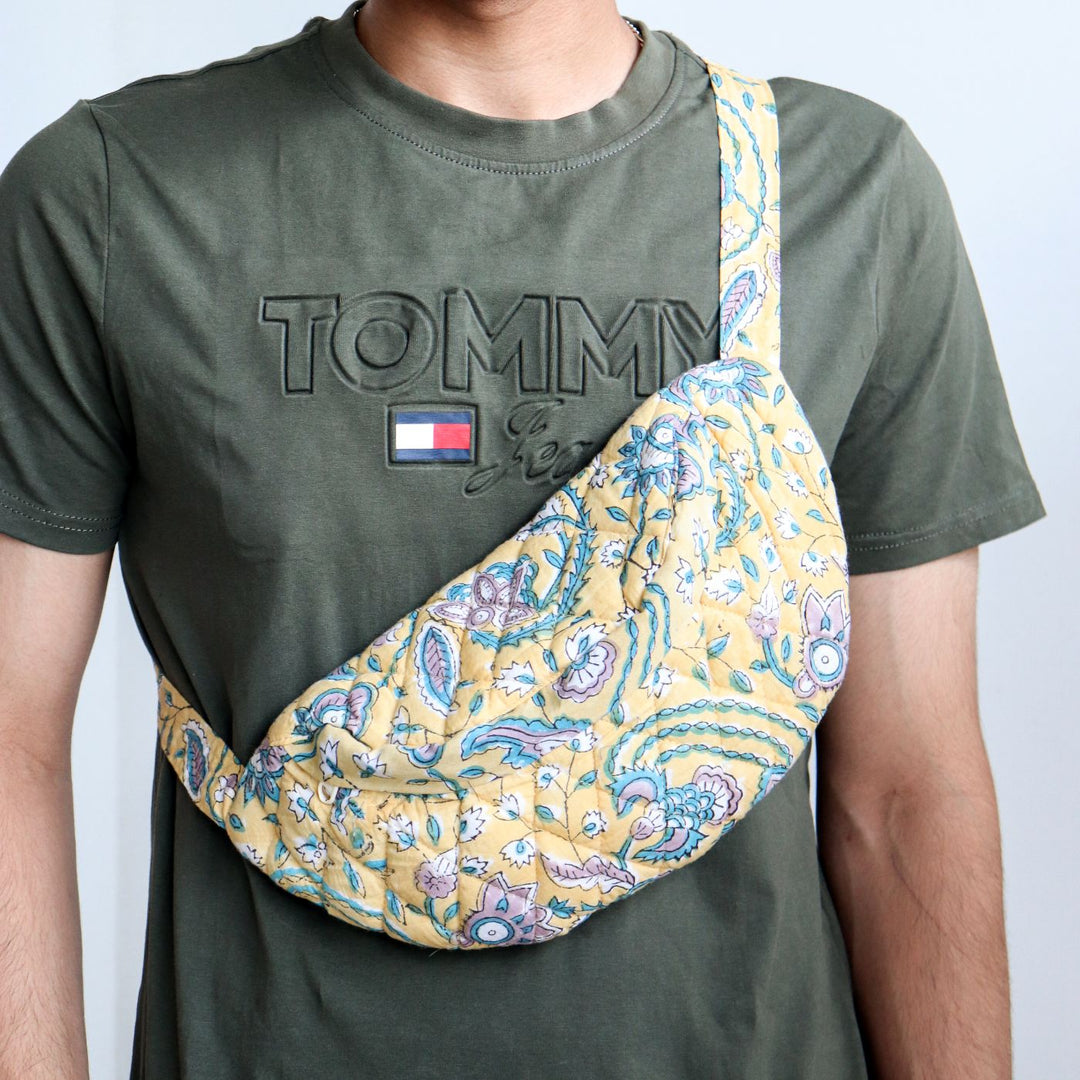 Handmade Block Printed Boho Theme Cotton Belt Bag | 12.5 x 6.3 Inch
