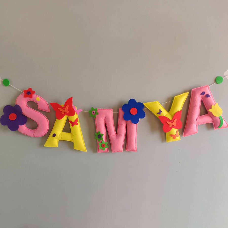 Personalized Handmade Flowers And Buttefly Theme Felt Bunting - Name Personalization Example Hanging