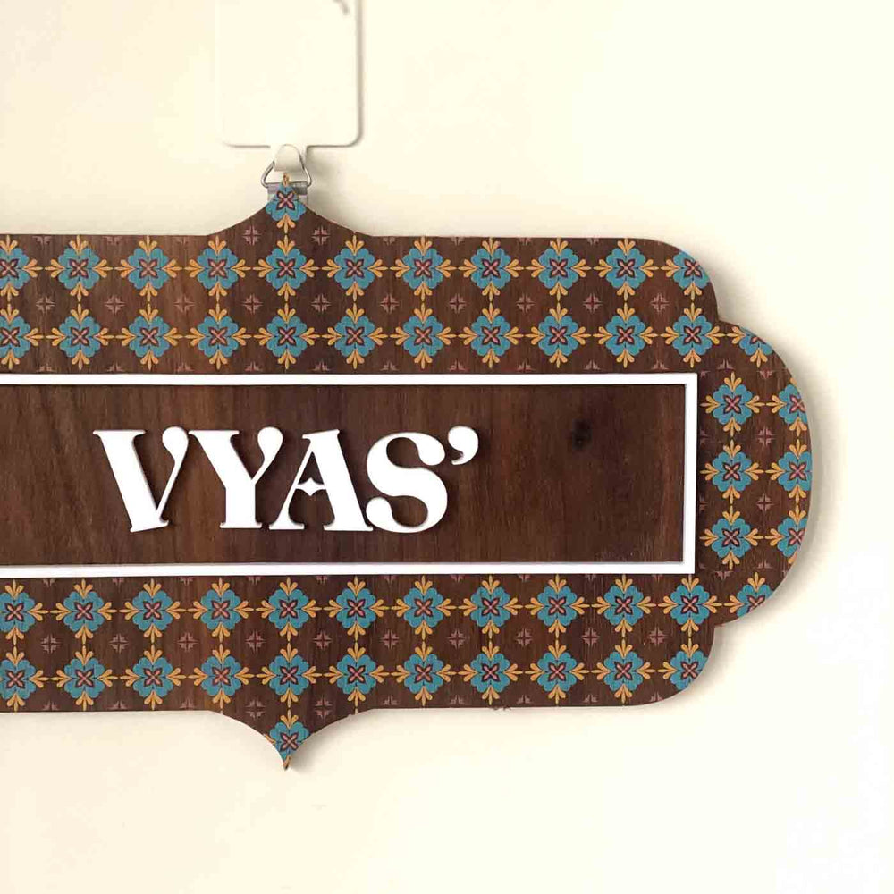 Vintage Wooden Name Plate With 3D Acrylic Letters - Close-up Hanging from Transparent Hook