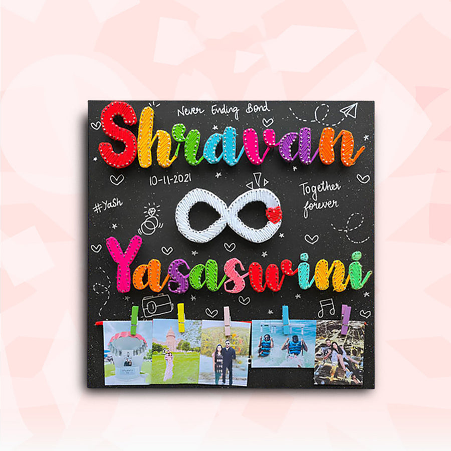 Personalized String Art Infinite Love Mdf Wood Name Plate For Couples - Front View with Name Personalization and Photos
